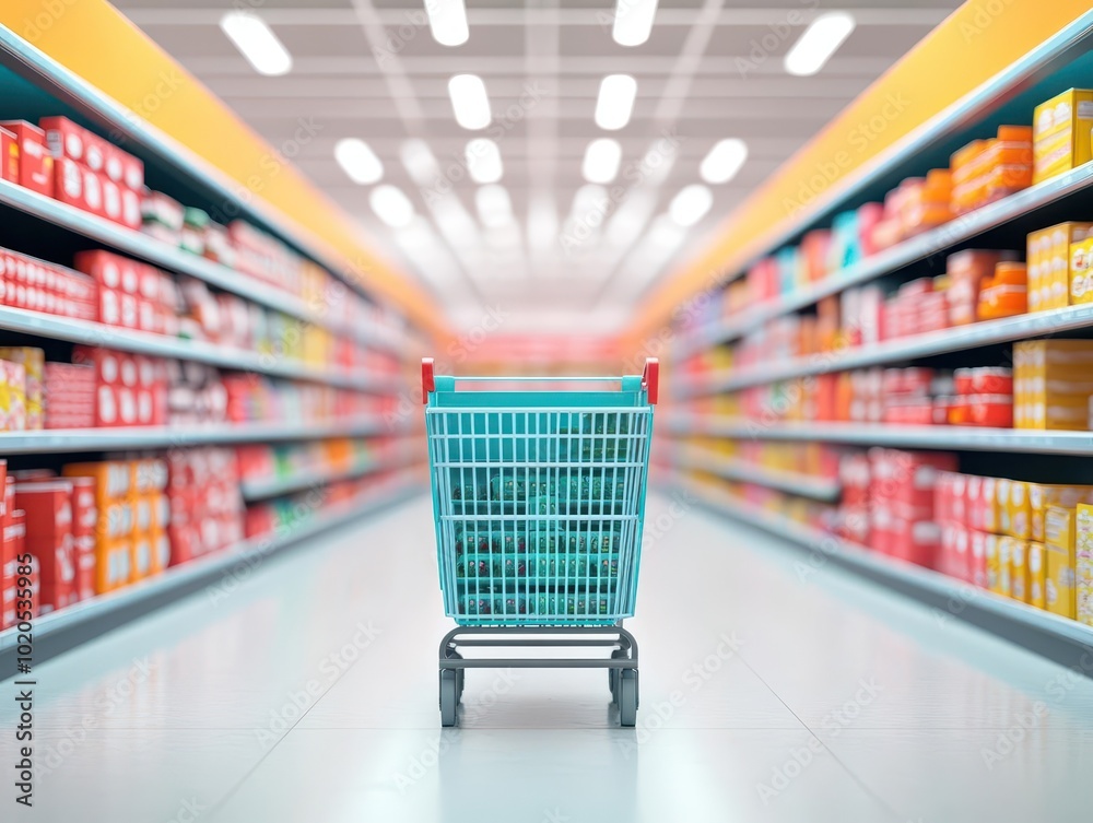 Neatly organized grocery store aisle, clean and brightly lit, 3D illustration Neatly organized grocery store aisle, clean and brightly lit, 3D illustration