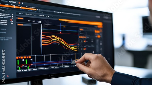 A close-up view of a hand analyzing data on a financial trading screen with vibrant graphics and dynamic charts.