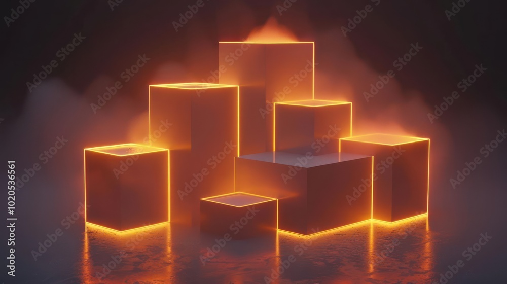 A set of white illuminated cubes with glowing orange neon edges on a dark background.