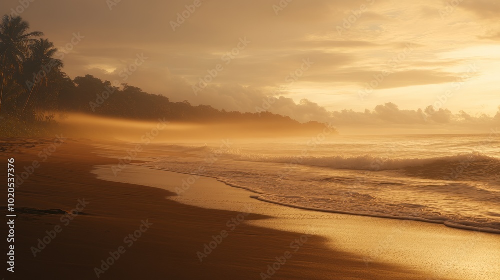 Golden Sunset Over a Tropical Beach with Rolling Waves and Silhouetted Palm Trees Golden Sunset Over a Tropical Beach with Rolling Waves and Silhouetted Palm Trees
