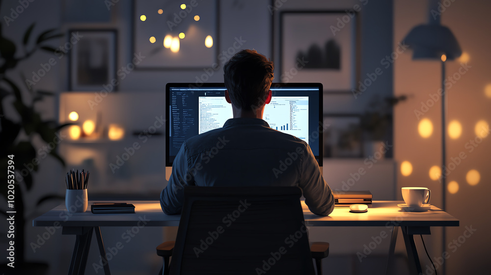 A person working late at night in a cozy home office, illuminated by soft lights and focused on their computer screen. A person working late at night in a cozy home office, illuminated by soft lights and focused on their computer screen.