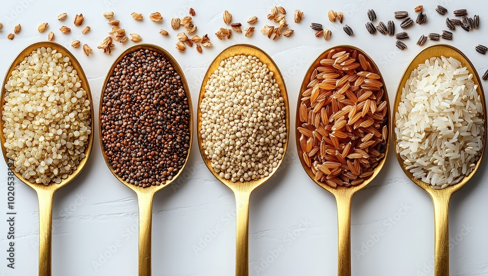 5 golden spoons with grains on a white background, featuring quinoa, buckwheat, and rice. 5 golden spoons with grains on a white background, featuring quinoa, buckwheat, and rice.