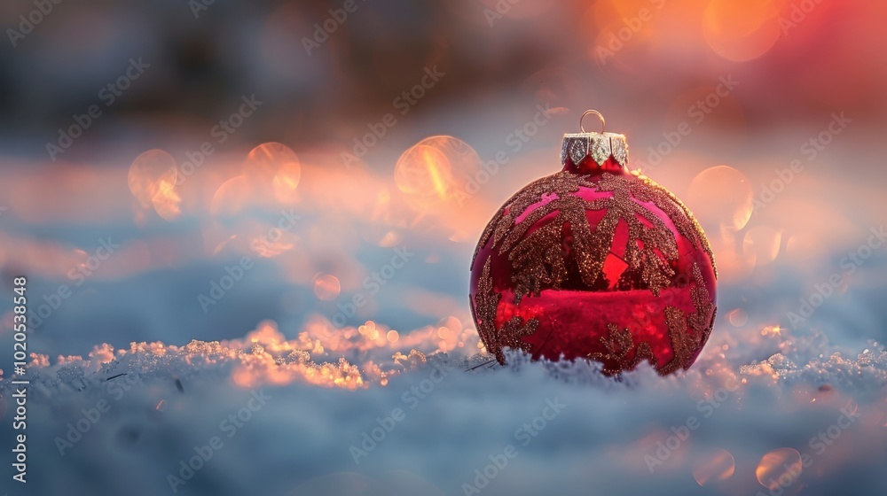 Macro shot of a gleaming red and gold Christmas bauble on snow, capturing its reflective surface and intricate textures under soft, warm holiday lighting. Macro shot of a gleaming red and gold Christmas bauble on snow, capturing its reflective surface and intricate textures under soft, warm holiday lighting.