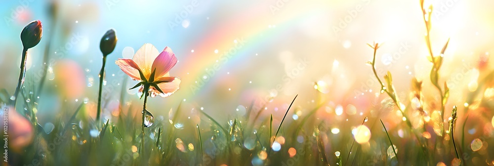 A late spring meadow that has just experienced a light rain, with droplets of water still clinging to the grass and flowers A late spring meadow that has just experienced a light rain, with droplets of water still clinging to the grass and flowers