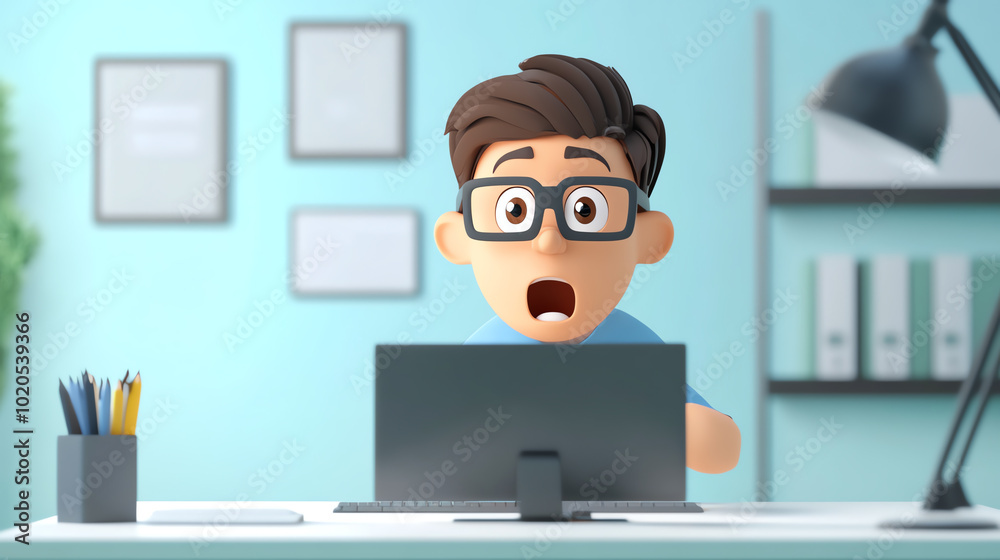 Surprised cartoon character at a desk, shocked by computer screen, colorful office environment, ideal for illustrating work stress.