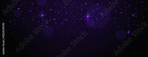 Dark purple starry sky with glowing particles and light flares on transparent background. Abstract sparkling effects Glare light effect. Star dust, sparkles. Neon light. Night star