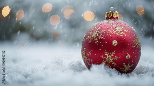 Macro shot of a radiant red and gold ornament ball, embellished with twinkling stars, against a clean white background with subtle snowflake motifs, highlighting its festive elegance and winter charm.