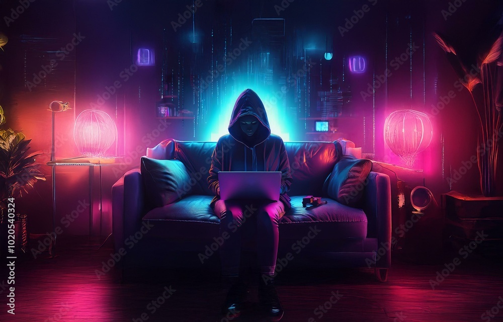 A hooded figure sits on a couch, using a laptop in a dimly lit room with neon lights. A hooded figure sits on a couch, using a laptop in a dimly lit room with neon lights.