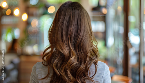 Long brown hair. Back view