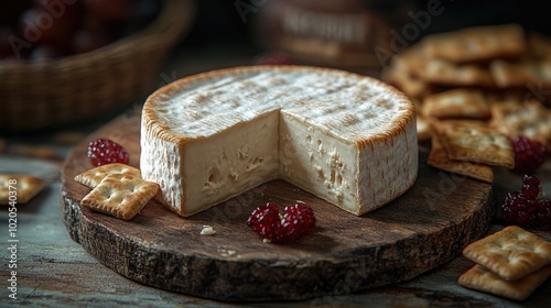 Delightful Cheese Wheel with Crackers on a Rustic Wooden Board for Casual Events