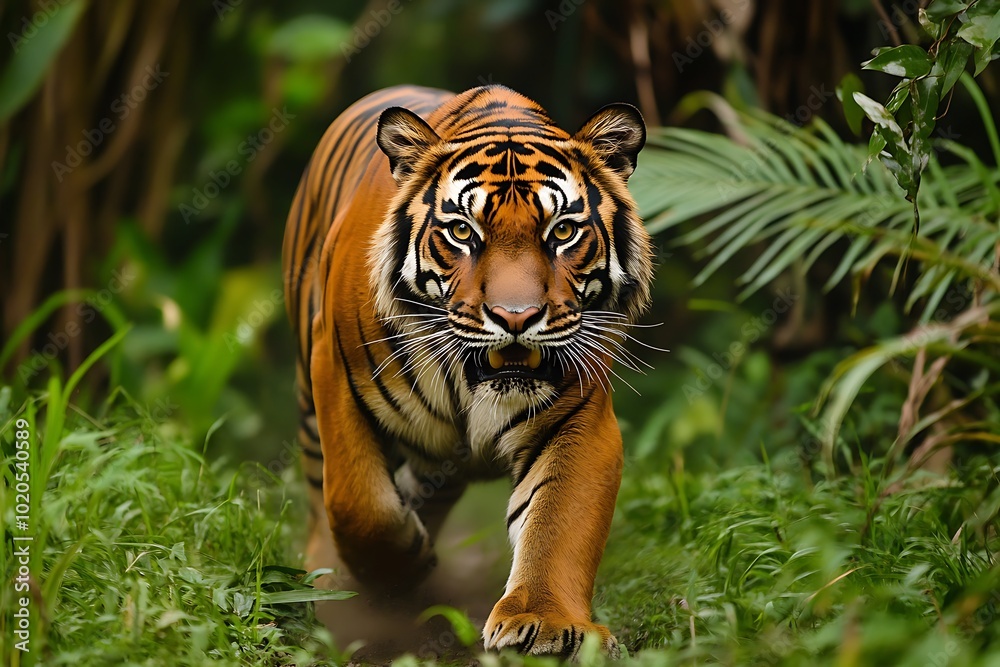 A majestic tiger walking through lush greenery in a vibrant jungle setting. A majestic tiger walking through lush greenery in a vibrant jungle setting.