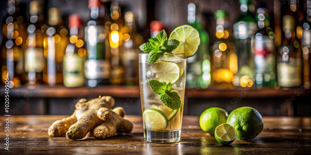 Refreshing glass of ginger beer garnished with lime wedges and fresh mint, set against backdrop of various bottles. vibrant colors and textures create inviting atmosphere Refreshing glass of ginger beer garnished with lime wedges and fresh mint, set against backdrop of various bottles. vibrant colors and textures create inviting atmosphere