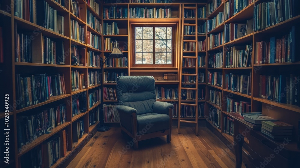 A Cozy Reading Nook Filled with Bookshelves and a Comfortable Armchair A Cozy Reading Nook Filled with Bookshelves and a Comfortable Armchair