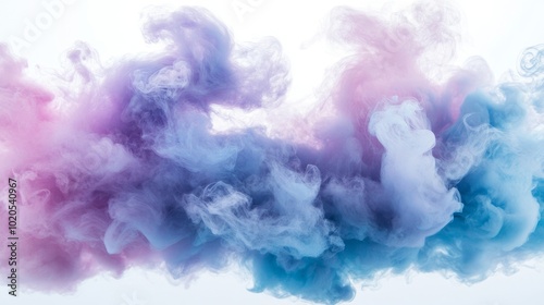 A stunning dreamlike cloud of colored ink underwater, blending purple, blue, and pink hues, captured on a white background for creative design use.