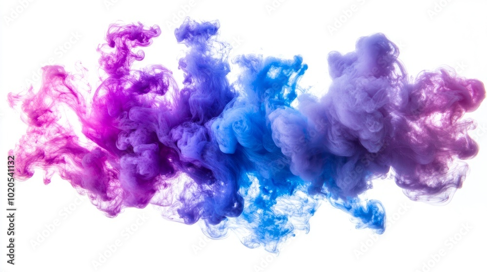 A vibrant cloud of ink diffusing underwater, featuring striking purple, blue, and pink colors, isolated on a clean white background with room for design elements. A vibrant cloud of ink diffusing underwater, featuring striking purple, blue, and pink colors, isolated on a clean white background with room for design elements.