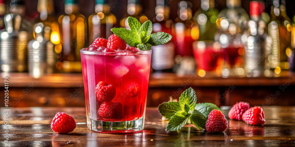 Refreshing raspberry cocktail garnished with mint leaves, served in glass filled with ice and fresh raspberries. vibrant colors and inviting presentation create delightful atmosphere Refreshing raspberry cocktail garnished with mint leaves, served in glass filled with ice and fresh raspberries. vibrant colors and inviting presentation create delightful atmosphere