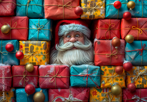 Santa claus ismiling surrounded by a large amount of wrapped christmas presents photo