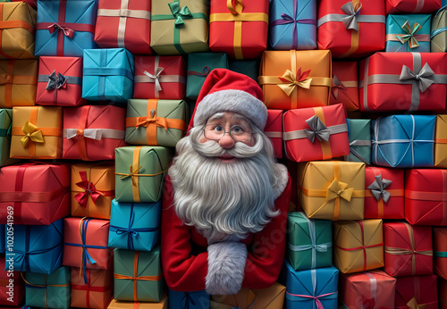 Santa claus ismiling surrounded by a large amount of wrapped christmas presents photo