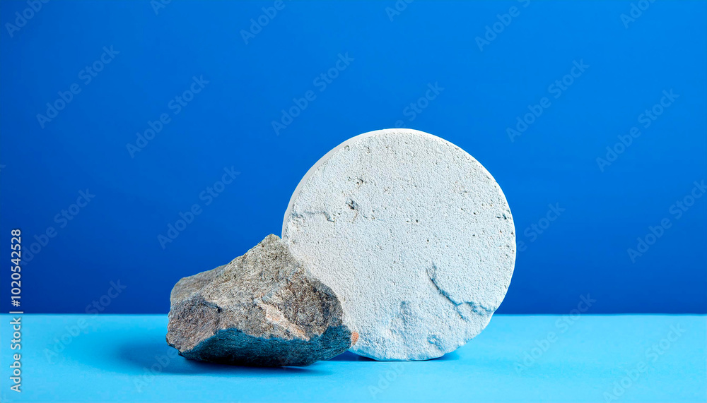 One white podium with a geometric concrete figure and stones. Blue background. Nature concept One white podium with a geometric concrete figure and stones. Blue background. Nature concept