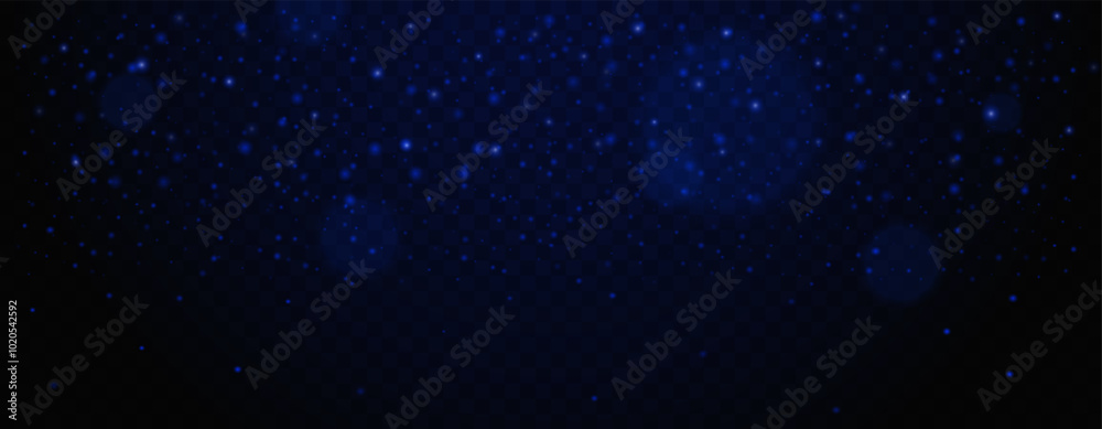 Fototapeta premium Dark blue glowing particles on transparent background. Abstract glittering dust and sparkling lights, bokeh effects