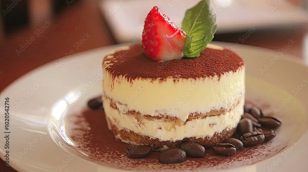 A close-up of tiramisu garnished with chocolate curls and coffee beans, set against a plain backdrop. The spacious area offers flexibility for advertising or recipe text.