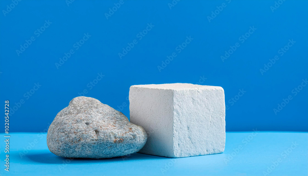 One white podium with a geometric concrete figure and stones. Blue background. Nature concept One white podium with a geometric concrete figure and stones. Blue background. Nature concept