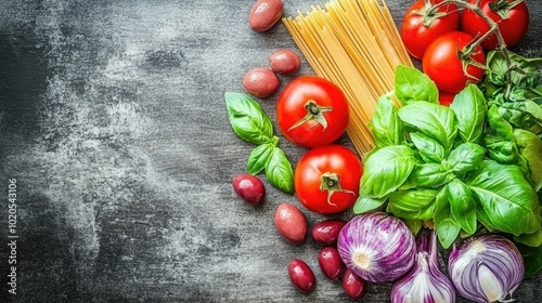 A colorful assortment of fresh pasta and classic Italian ingredients, including olives, tomatoes, and basil leaves, beautifully arranged on a dark wooden table for a warm, inviting look. photo