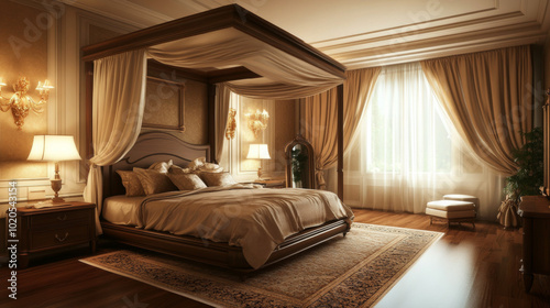 Luxurious and Elegant Bedroom Design: A Cozy Retreat with Canopy Bed, Warm Lighting, and Timeless Décor for Ultimate Comfort