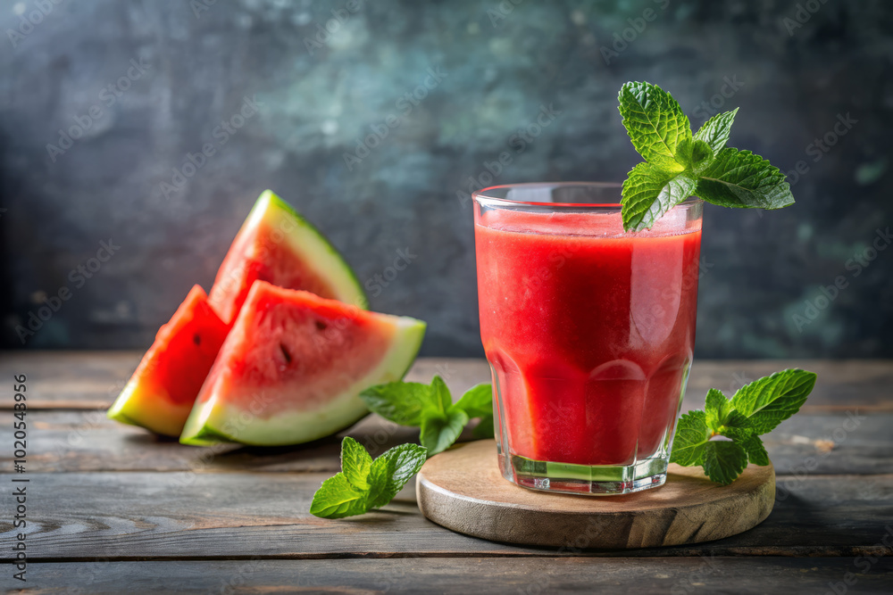 Refreshing watermelon juice garnished with mint leaves, served in glass, alongside fresh watermelon slices on rustic wooden table. Perfect for hot day! Refreshing watermelon juice garnished with mint leaves, served in glass, alongside fresh watermelon slices on rustic wooden table. Perfect for hot day!