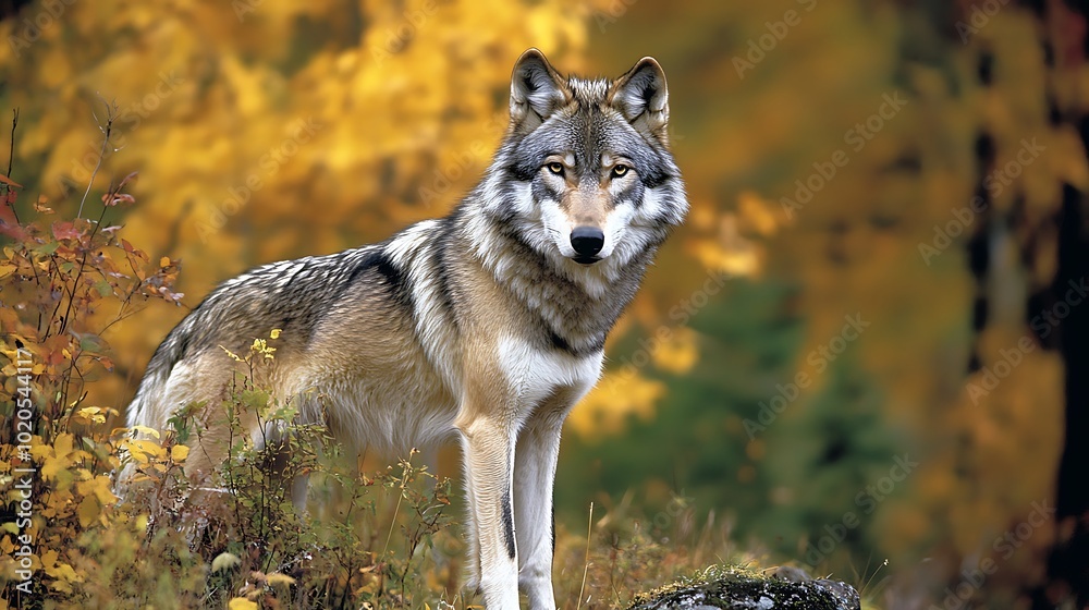 A wolf stands majestically in a vibrant autumn forest, showcasing nature's beauty. A wolf stands majestically in a vibrant autumn forest, showcasing nature's beauty.