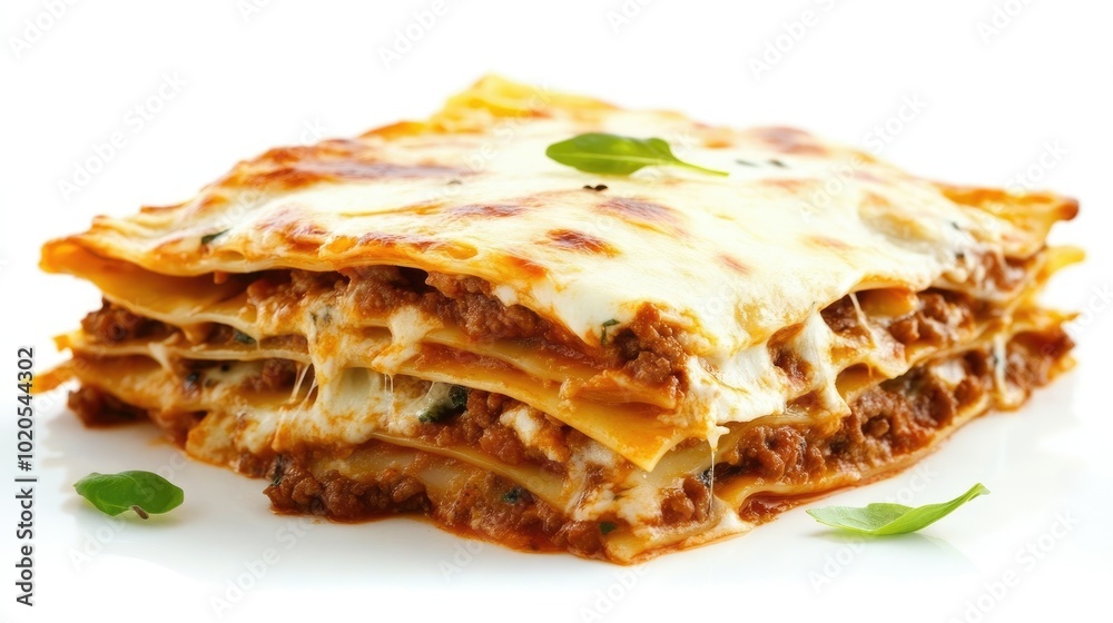 A mouth-watering overhead shot of layered lasagna sheets with a rich meat sauce and melted cheese, isolated on a white background that accentuates the dish texture and inviting appearance. A mouth-watering overhead shot of layered lasagna sheets with a rich meat sauce and melted cheese, isolated on a white background that accentuates the dish texture and inviting appearance.
