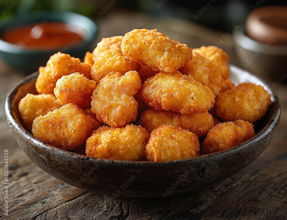 A bowl of golden-brown chicken nuggets, showcasing their texture and appeal on an old wooden table. A bowl of golden-brown chicken nuggets, showcasing their texture and appeal on an old wooden table.