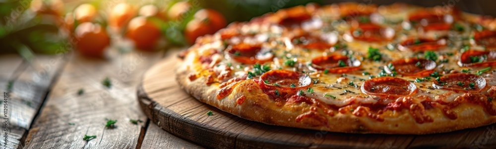 Pizza on a wooden board with tomatoes and herbs on it, national pizza day, food background, banner, copy space Pizza on a wooden board with tomatoes and herbs on it, national pizza day, food background, banner, copy space