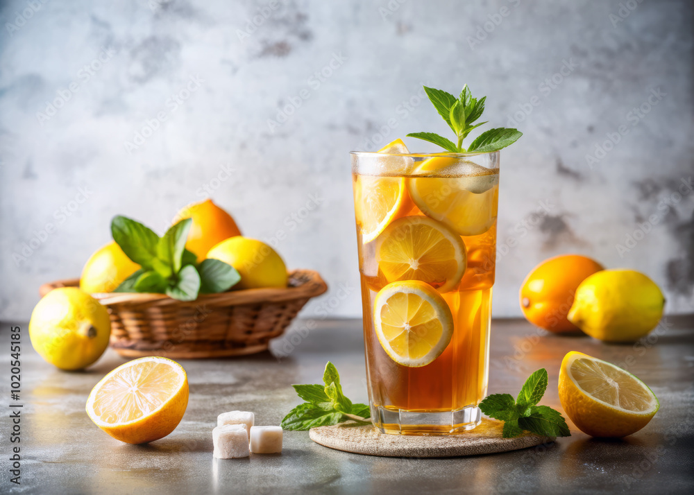 Fototapeta premium Refreshing lemon iced tea with lemon slices and mint leaves in tall glass, surrounded by fresh lemons and basket of lemons, evokes sense of summer delight