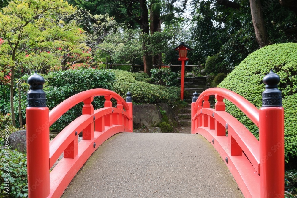 A tranquil red bridge over a winding path in a serene garden, framed by lush greenery A tranquil red bridge over a winding path in a serene garden, framed by lush greenery