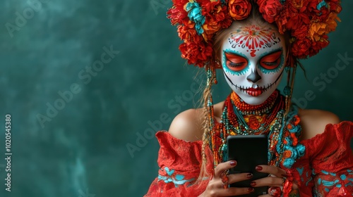 Mexican Day of the Dead. Woman with make up skeleton and flowers like Saint death holding smartphone