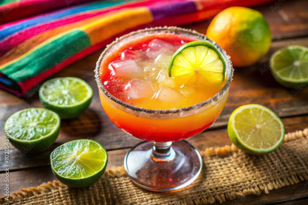 Brightly colored margarita with salted rim, garnished with lime slices, surrounded by fresh limes and vibrant textile backdrop. This refreshing drink evokes festive atmosphere