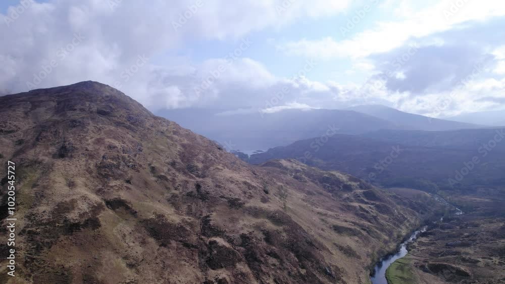 big mountain hill next to small river, aerial big mountain hill next to small river, aerial