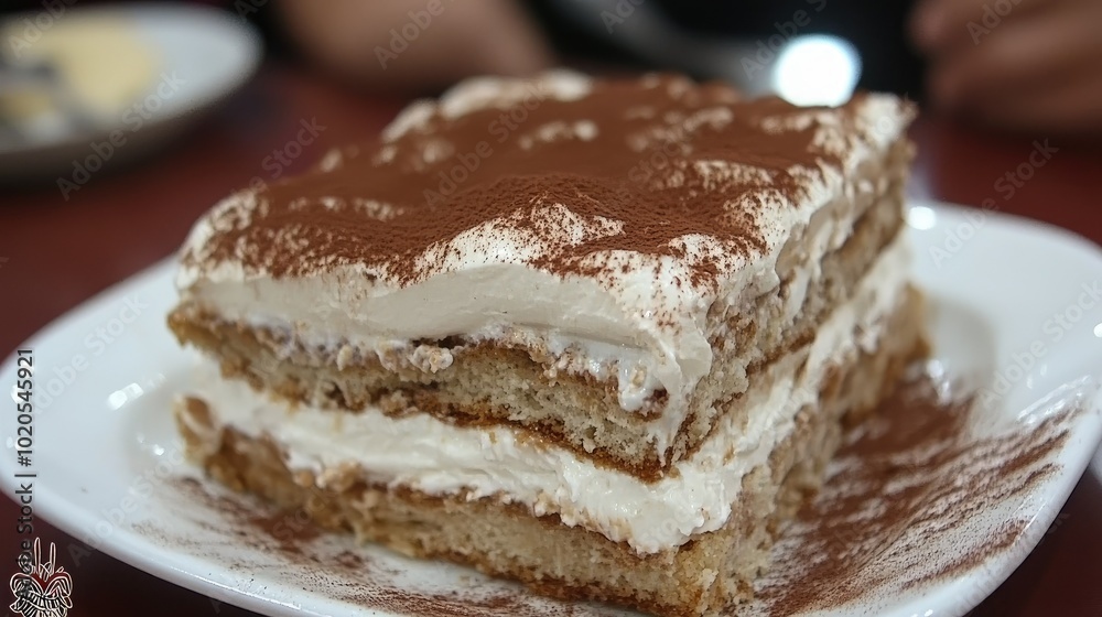 A square serving of Medovik on a white plate, adorned with a delicate swirl of gentle sour cream. This traditional Russian honey cake makes a stunning dessert choice for upscale dining establishments. A square serving of Medovik on a white plate, adorned with a delicate swirl of gentle sour cream. This traditional Russian honey cake makes a stunning dessert choice for upscale dining establishments.