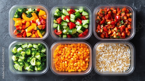 fresh and nutritious meal prep with vegetables and grains packed in containers for diet planning, perfect for portion control and maintaining a clean and healthy eating lifestyle