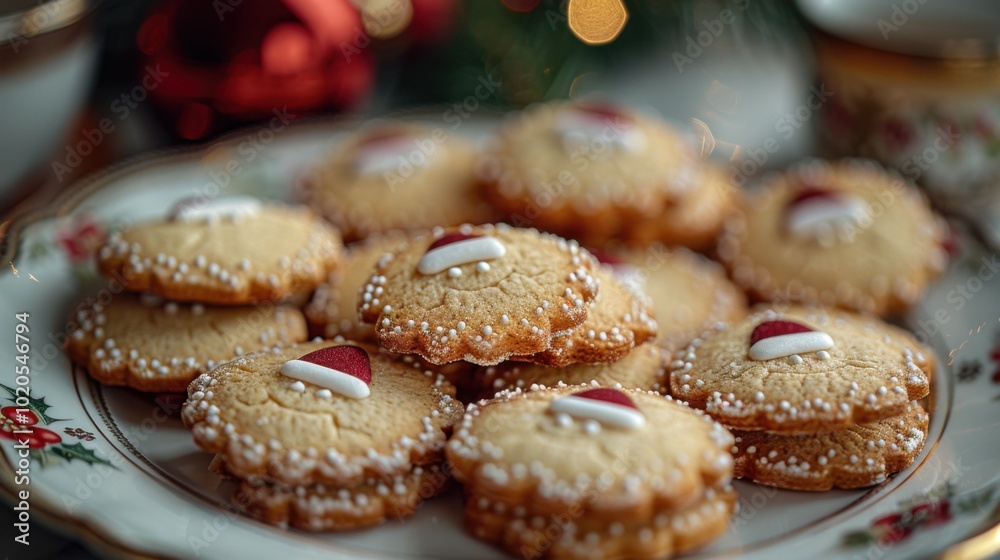 Plate of cookies on a table with a christmas tree, christmas background, food background Plate of cookies on a table with a christmas tree, christmas background, food background