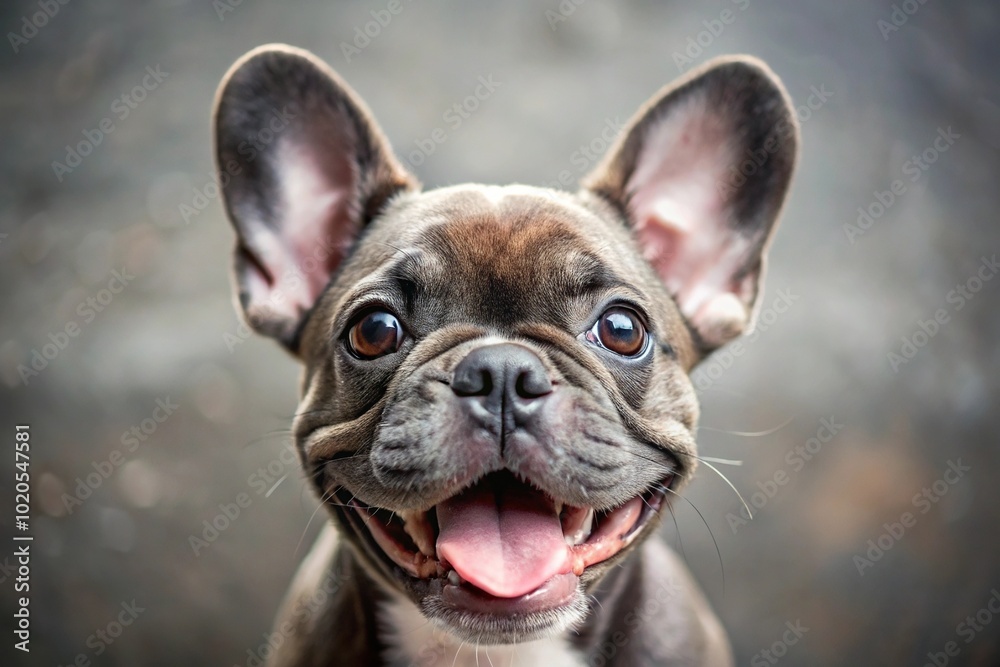 Forced perspective closeup of a cute French Bulldog puppy looking joyful and enthusiastic Forced perspective closeup of a cute French Bulldog puppy looking joyful and enthusiastic