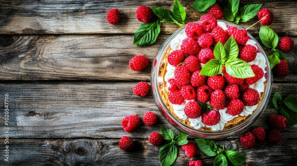 An elegant tiramisu displayed on a rustic wooden table, with layers visible through a glass dish. Topped with cocoa and fresh raspberries, this dessert is a feast for the eyes. An elegant tiramisu displayed on a rustic wooden table, with layers visible through a glass dish. Topped with cocoa and fresh raspberries, this dessert is a feast for the eyes.