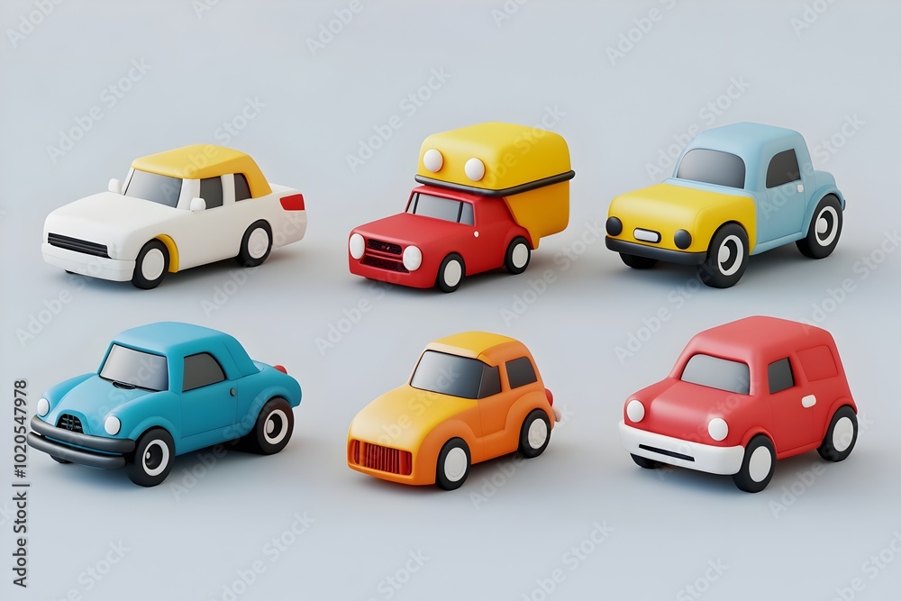 Collection of Vibrant 3D Car Icons in Minimal Cartoon Style on White Background Collection of Vibrant 3D Car Icons in Minimal Cartoon Style on White Background