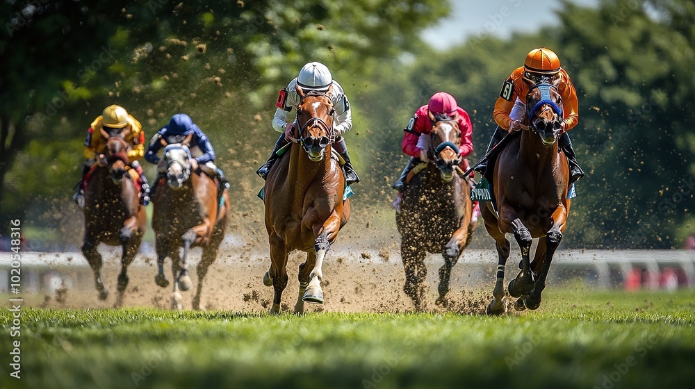 derby horse racing event with thoroughbred horses sprinting around the ...