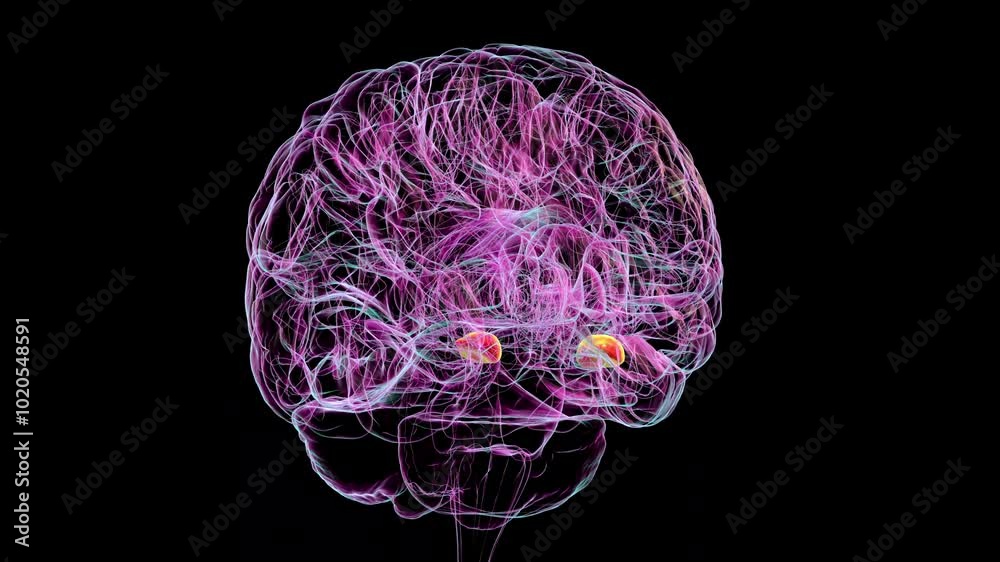 Human brain with highlighted amygdala, responsible for emotion processing, fear response, and memory formation, 3D animation.