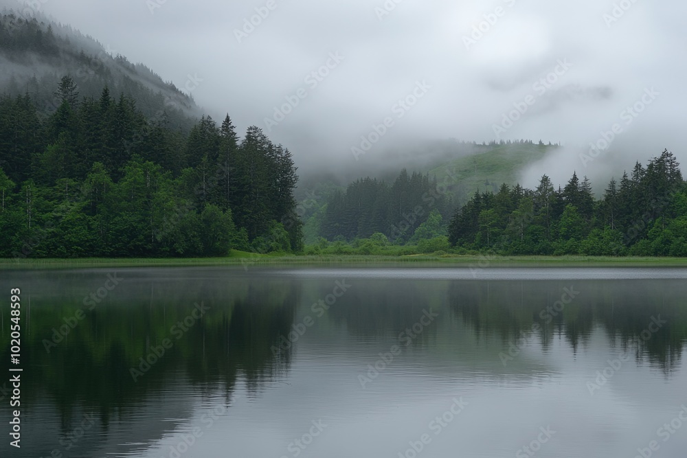 Calm lake reflections surrounded by misty mountains in tranquil wilderness at dawn Calm lake reflections surrounded by misty mountains in tranquil wilderness at dawn