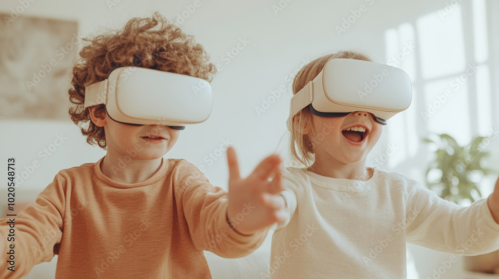 Children enjoying virtual reality experience with excitement and joy. They are wearing VR headsets and reaching out, fully immersed in their digital adventure Children enjoying virtual reality experience with excitement and joy. They are wearing VR headsets and reaching out, fully immersed in their digital adventure