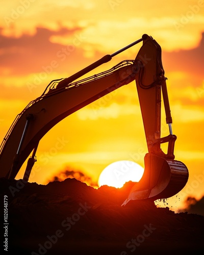 A silhouette of an excavator against a stunning sunset, showcasing construction and earthmoving machinery in action. photo