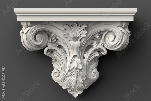 Elegant white decorative corbel showcasing intricate leaf patterns and craftsmanship photo